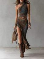 Ethnic-Style Printed One-Shoulder Maxi Dress