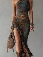 Ethnic-Style Printed One-Shoulder Maxi Dress